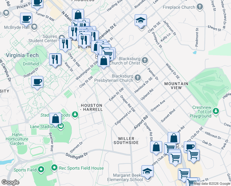 map of restaurants, bars, coffee shops, grocery stores, and more near 608 Draper Road Southwest in Blacksburg