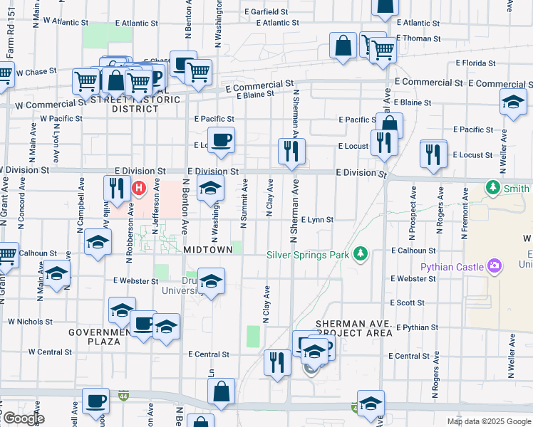 map of restaurants, bars, coffee shops, grocery stores, and more near 1400 North Clay Avenue in Springfield