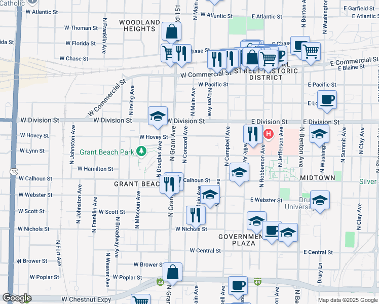 map of restaurants, bars, coffee shops, grocery stores, and more near 629 West Lynn Street in Springfield