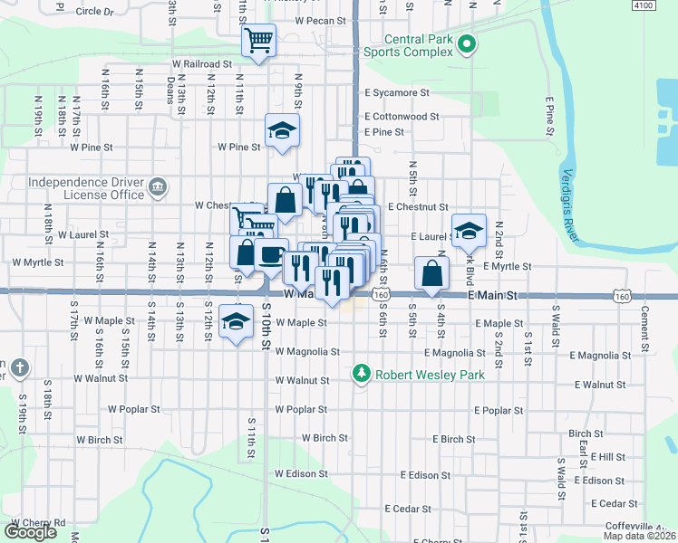map of restaurants, bars, coffee shops, grocery stores, and more near 120 North 8th Street in Independence