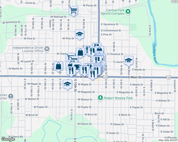 map of restaurants, bars, coffee shops, grocery stores, and more near 123 North 8th Street in Independence