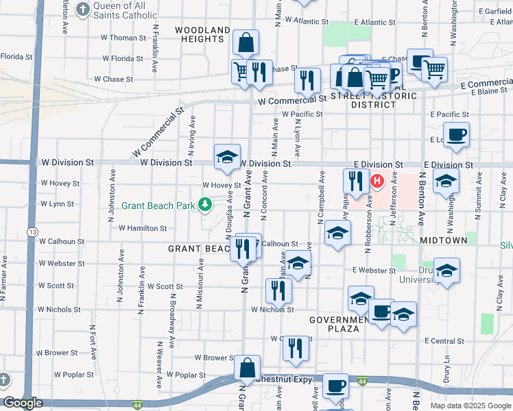 map of restaurants, bars, coffee shops, grocery stores, and more near 647 West Lynn Street in Springfield