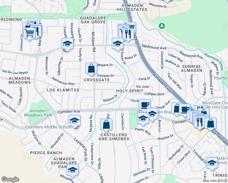 map of restaurants, bars, coffee shops, grocery stores, and more near 6407 Mojave Drive in San Jose