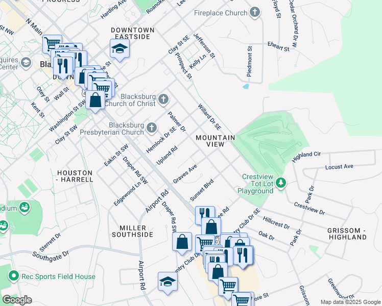 map of restaurants, bars, coffee shops, grocery stores, and more near 315 Reynolds Avenue in Blacksburg