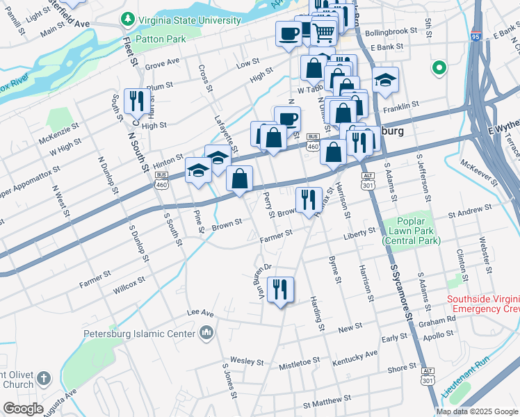 map of restaurants, bars, coffee shops, grocery stores, and more near 120 Perry Street in Petersburg