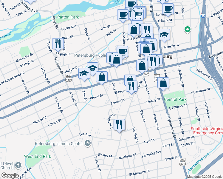 map of restaurants, bars, coffee shops, grocery stores, and more near 120 Perry Street in Petersburg