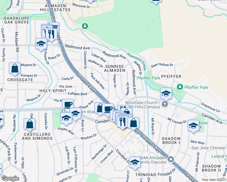 map of restaurants, bars, coffee shops, grocery stores, and more near 6397 Vegas Drive in San Jose