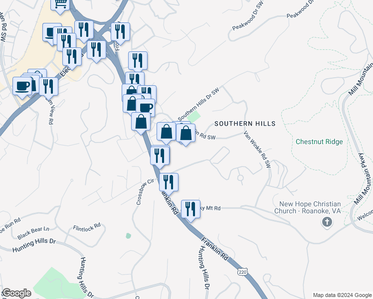map of restaurants, bars, coffee shops, grocery stores, and more near 4210 Franklin Road Southwest in Roanoke