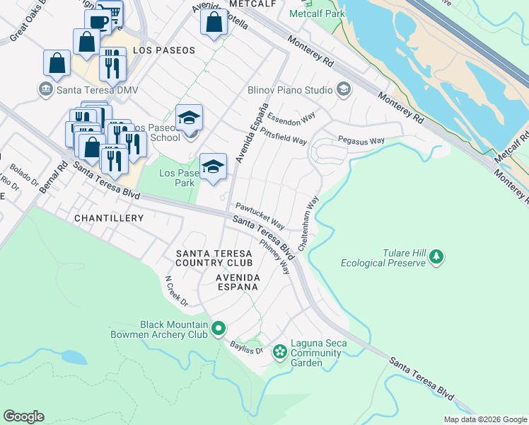 map of restaurants, bars, coffee shops, grocery stores, and more near 148 Skowhegan Court in San Jose