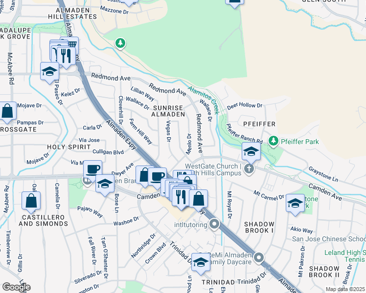 map of restaurants, bars, coffee shops, grocery stores, and more near 6408 Tamalpais Avenue in San Jose