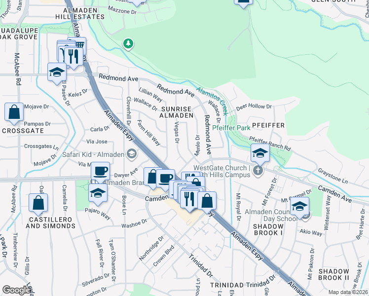 map of restaurants, bars, coffee shops, grocery stores, and more near 6408 Tamalpais Avenue in San Jose