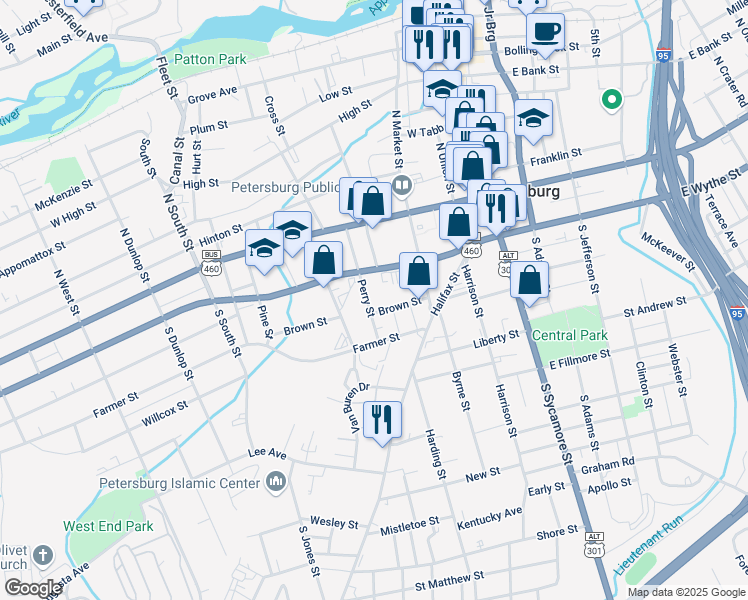 map of restaurants, bars, coffee shops, grocery stores, and more near 321 Brown Street in Petersburg