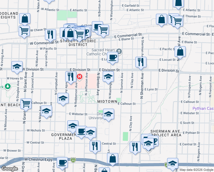 map of restaurants, bars, coffee shops, grocery stores, and more near 501-599 East Lynn Street in Springfield