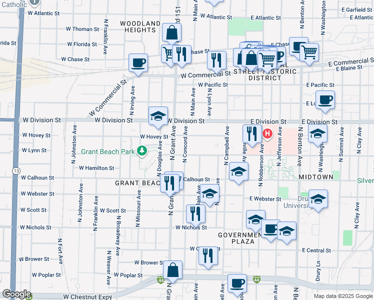 map of restaurants, bars, coffee shops, grocery stores, and more near 629 West Lynn Street in Springfield
