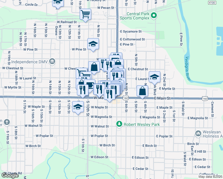 map of restaurants, bars, coffee shops, grocery stores, and more near 113 West Myrtle Street in Independence