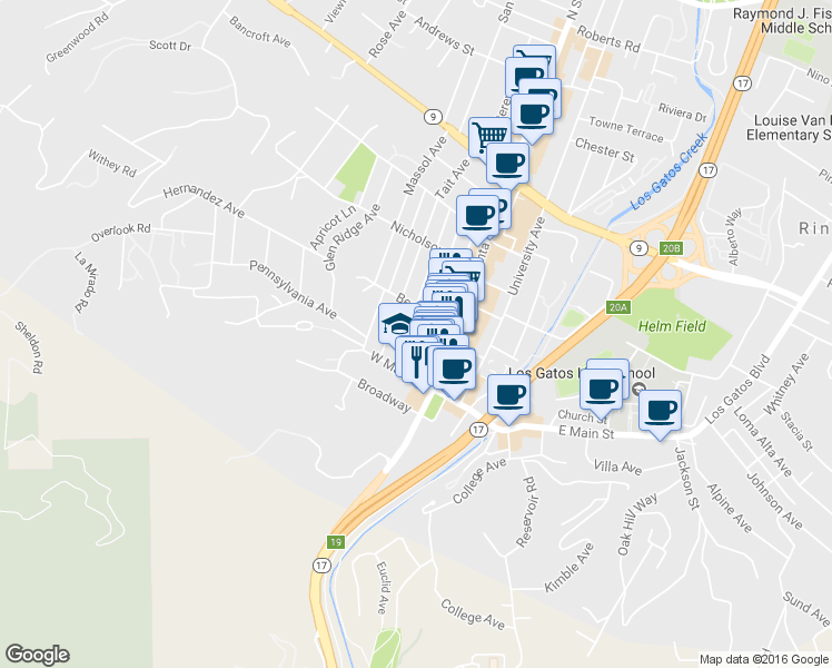 map of restaurants, bars, coffee shops, grocery stores, and more near 215 Bean Avenue in Los Gatos