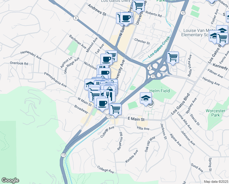 map of restaurants, bars, coffee shops, grocery stores, and more near 118 University Avenue in Los Gatos
