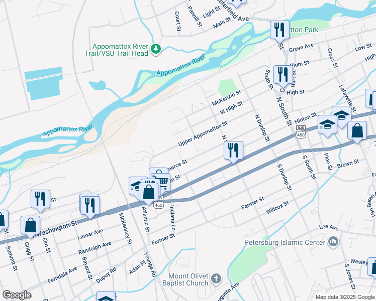 map of restaurants, bars, coffee shops, grocery stores, and more near 1201 Commerce Street in Petersburg