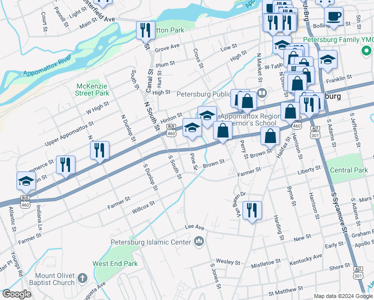 map of restaurants, bars, coffee shops, grocery stores, and more near 626 West Wythe Street in Petersburg