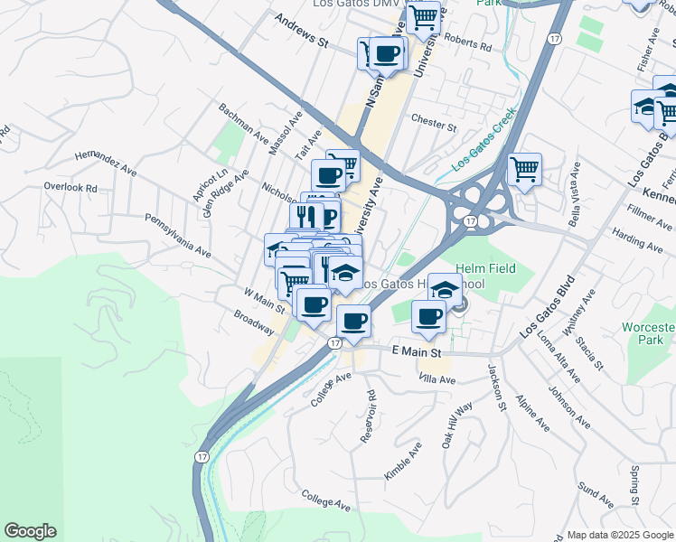 map of restaurants, bars, coffee shops, grocery stores, and more near 111 University Avenue in Los Gatos