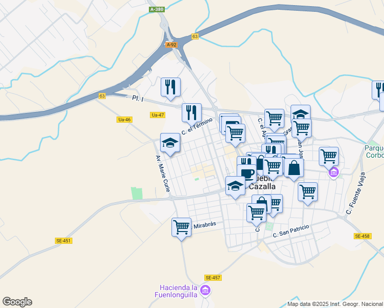 map of restaurants, bars, coffee shops, grocery stores, and more near Calle Miguel Hernández in La Puebla de Cazalla