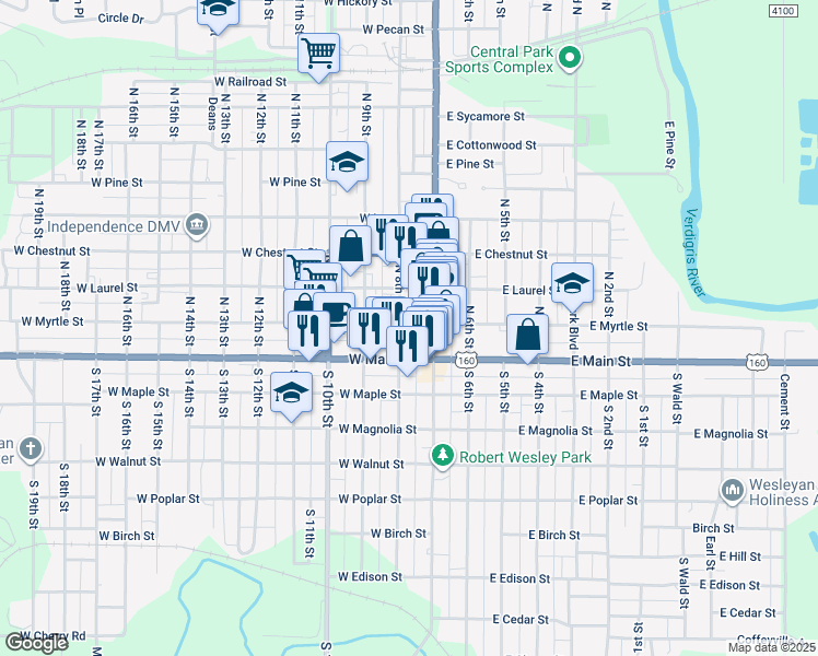 map of restaurants, bars, coffee shops, grocery stores, and more near 119 West Myrtle Street in Independence