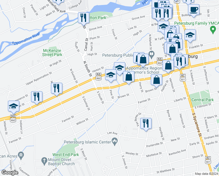 map of restaurants, bars, coffee shops, grocery stores, and more near 507 West Wythe Street in Petersburg