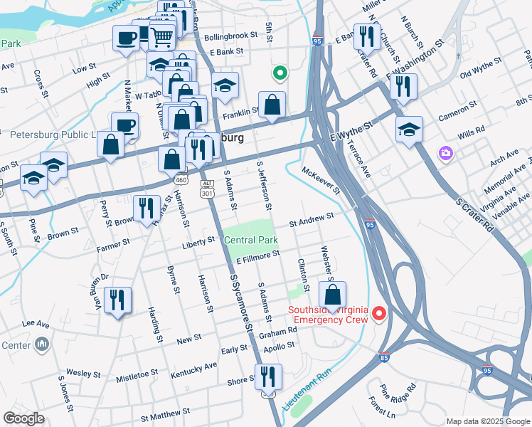 map of restaurants, bars, coffee shops, grocery stores, and more near 234 South Jefferson Street in Petersburg