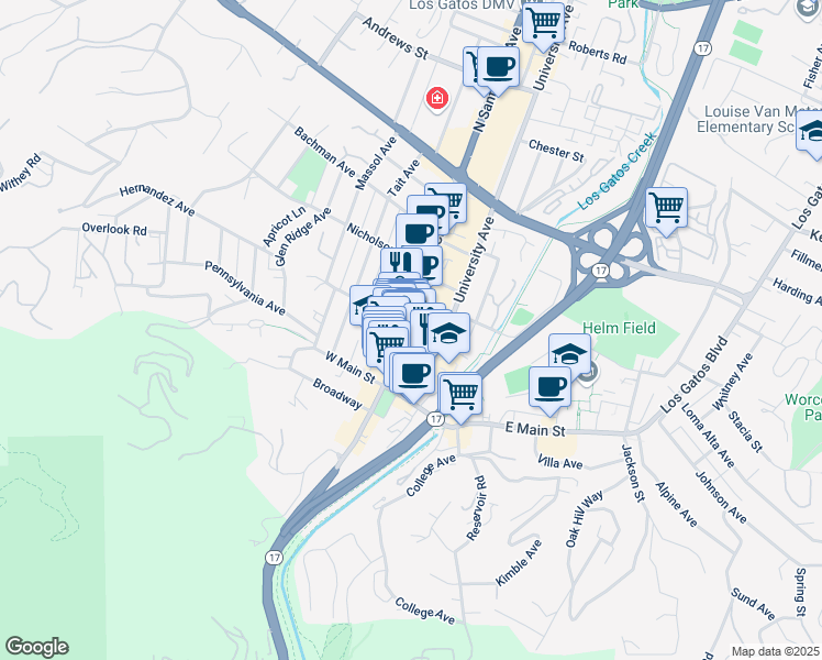 map of restaurants, bars, coffee shops, grocery stores, and more near 53 North Santa Cruz Avenue in Los Gatos