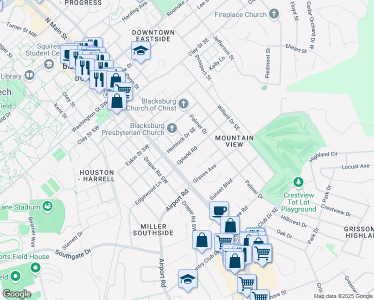 map of restaurants, bars, coffee shops, grocery stores, and more near 217 Upland Road in Blacksburg