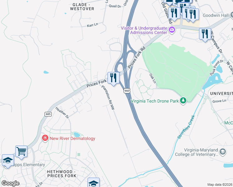 map of restaurants, bars, coffee shops, grocery stores, and more near 870 Plantation Road in Blacksburg