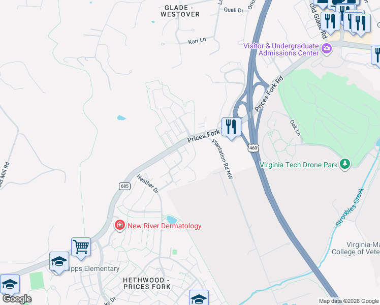 map of restaurants, bars, coffee shops, grocery stores, and more near 113 Canterbury Court in Blacksburg