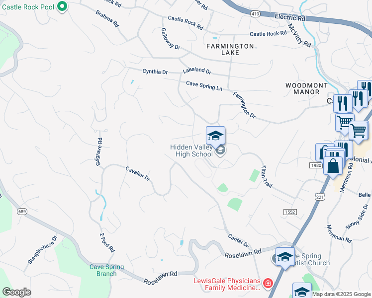 map of restaurants, bars, coffee shops, grocery stores, and more near 3521 Lakeland Drive in Cave Spring