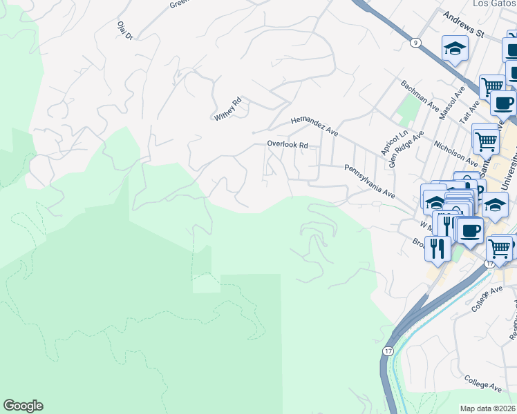 map of restaurants, bars, coffee shops, grocery stores, and more near 16681 La Mirado Road in Los Gatos