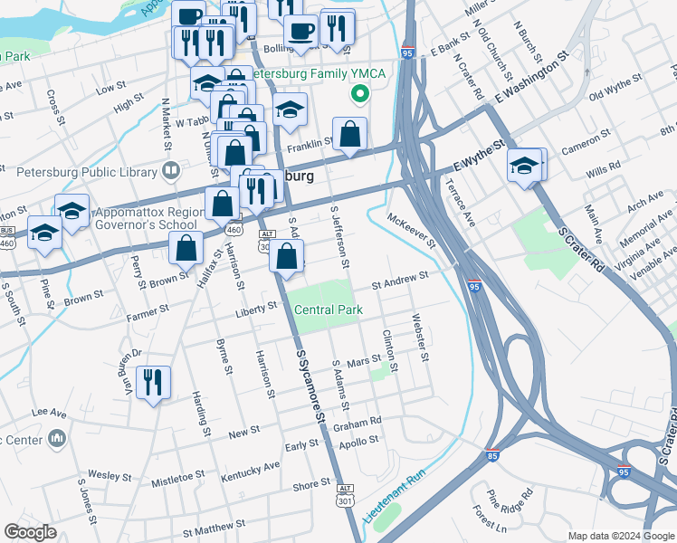 map of restaurants, bars, coffee shops, grocery stores, and more near 234 South Jefferson Street in Petersburg