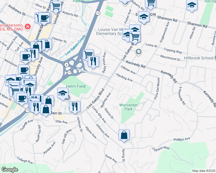 map of restaurants, bars, coffee shops, grocery stores, and more near 256 Los Gatos Boulevard in Los Gatos