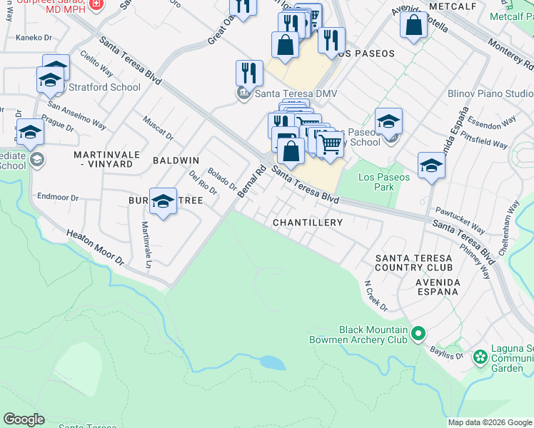 map of restaurants, bars, coffee shops, grocery stores, and more near 7124 Coral Gables Circle in San Jose
