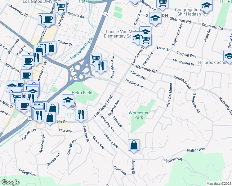 map of restaurants, bars, coffee shops, grocery stores, and more near 256 Los Gatos Boulevard in Los Gatos