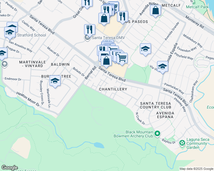 map of restaurants, bars, coffee shops, grocery stores, and more near 7124 Point Dunes Court in San Jose