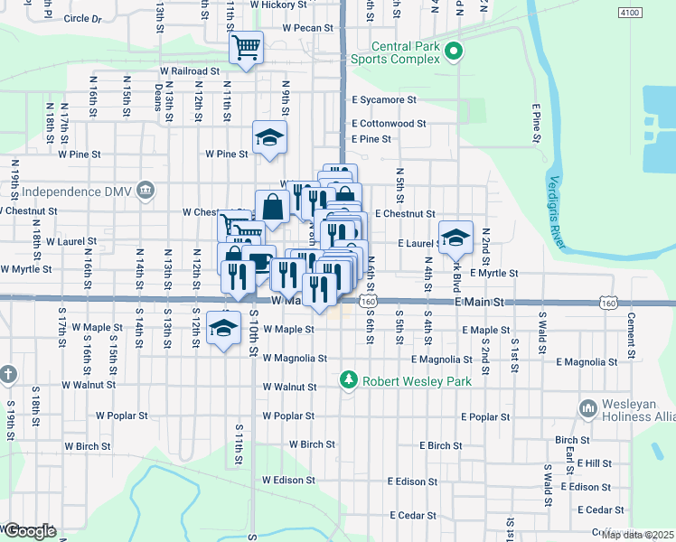 map of restaurants, bars, coffee shops, grocery stores, and more near 113 West Myrtle Street in Independence