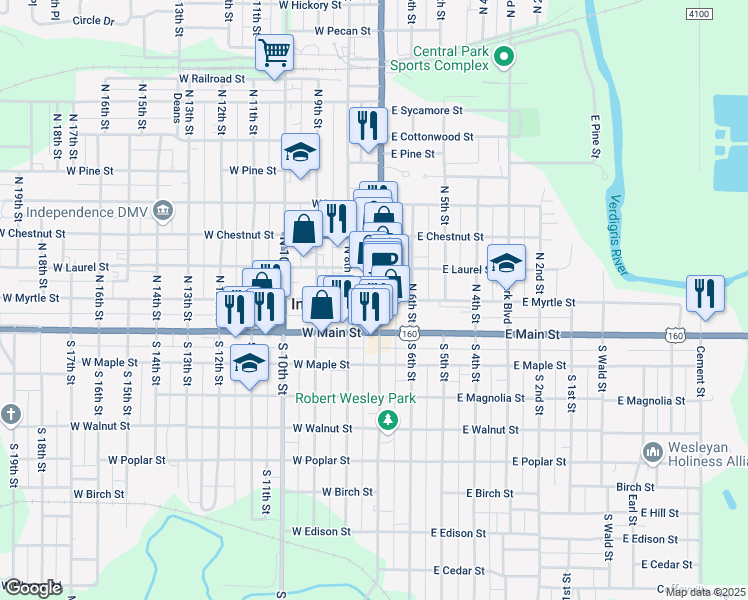 map of restaurants, bars, coffee shops, grocery stores, and more near 119 West Myrtle Street in Independence