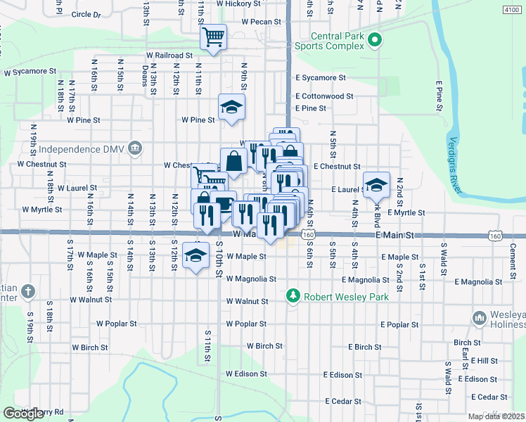map of restaurants, bars, coffee shops, grocery stores, and more near 211 West Myrtle Street in Independence