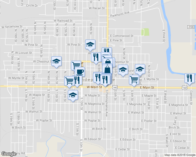 map of restaurants, bars, coffee shops, grocery stores, and more near 211 West Myrtle Street in Independence