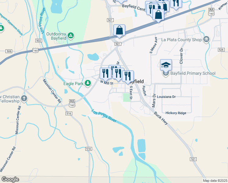map of restaurants, bars, coffee shops, grocery stores, and more near 10 West South Street in Bayfield