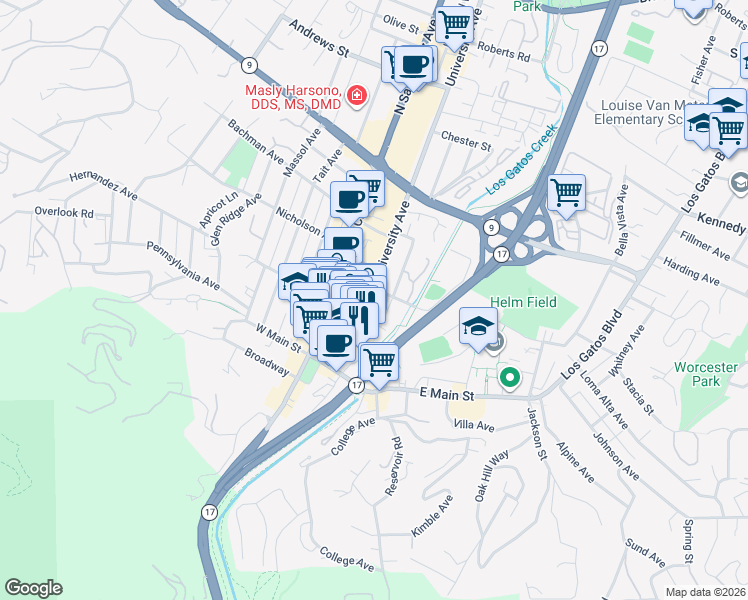 map of restaurants, bars, coffee shops, grocery stores, and more near 106 University Avenue in Los Gatos