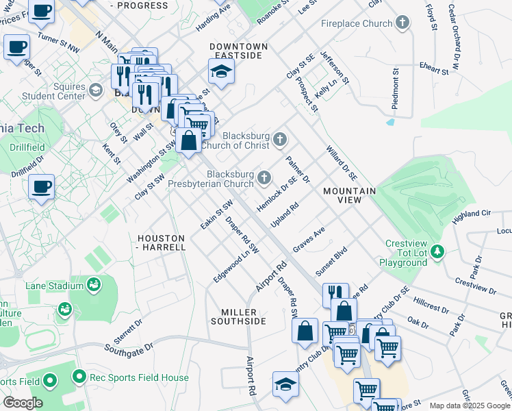 map of restaurants, bars, coffee shops, grocery stores, and more near 196 Hemlock Drive Southeast in Blacksburg