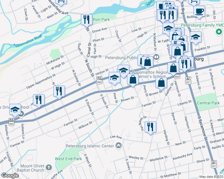 map of restaurants, bars, coffee shops, grocery stores, and more near 46 Pine Street in Petersburg