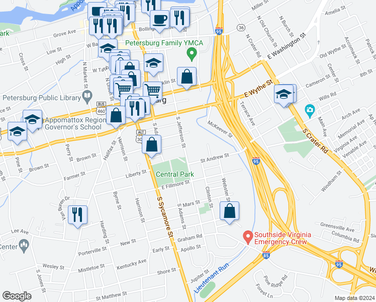 map of restaurants, bars, coffee shops, grocery stores, and more near 235 South Jefferson Street in Petersburg