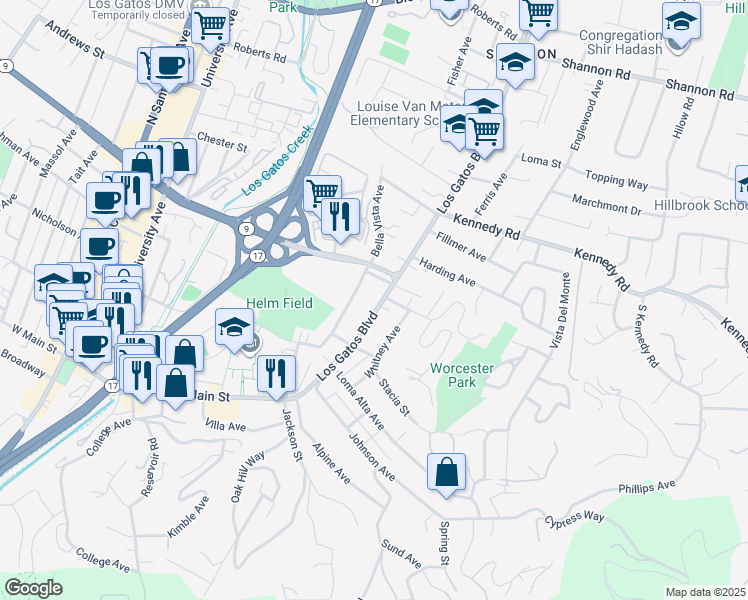 map of restaurants, bars, coffee shops, grocery stores, and more near 249 Los Gatos Boulevard in Los Gatos