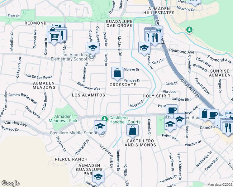 map of restaurants, bars, coffee shops, grocery stores, and more near 1305 Crossgates Lane in San Jose